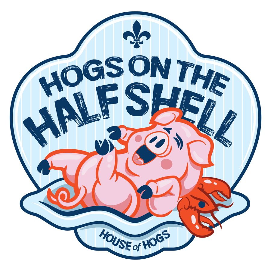 Hogs on the Half Shell badge: a pig lounging in an oyster shell with a lobster