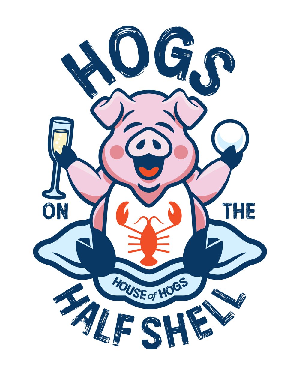 Full-color Hogs on the Half Shell logo: a pink pig in a lobster bib holding champagne and a pearl, seated in a blue oyster shell