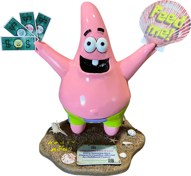 Patrick the starfish piggybank holding cash and a 'feed me' sign