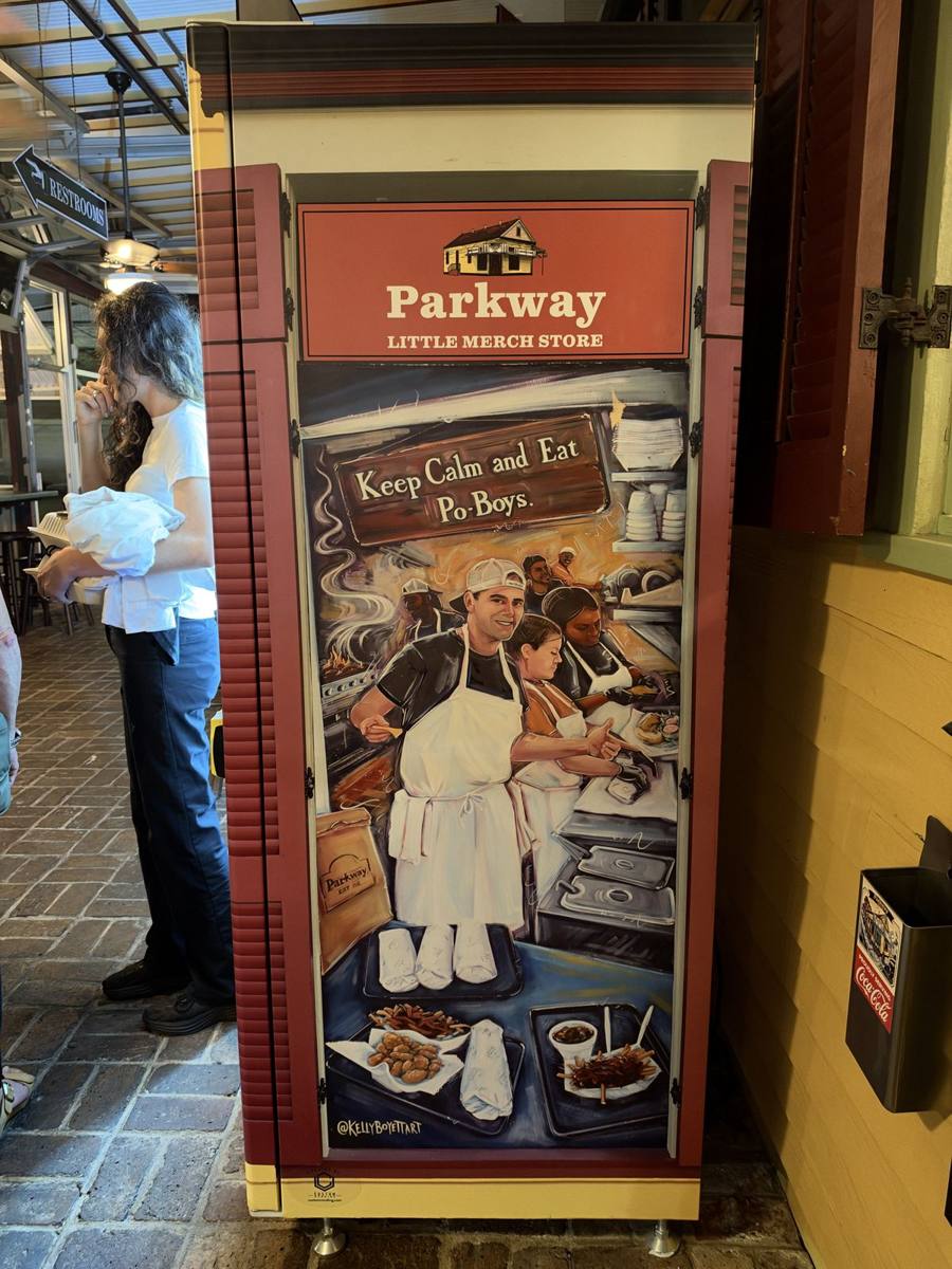 Parkway's Little Merch Store cabinet: Keep Calm and Eat Po-Boys